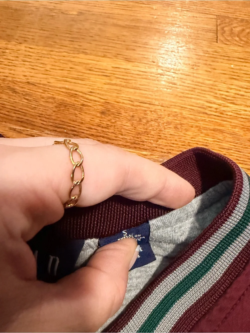 Vintage GAP Burgundy V-Neck Pullover with Green and Gray Striped Trim